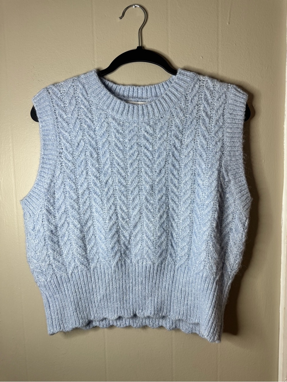 Zara Women's Alpaca Wool Blend Light Blue Cable Knit Sleeveless Sweater Vest
